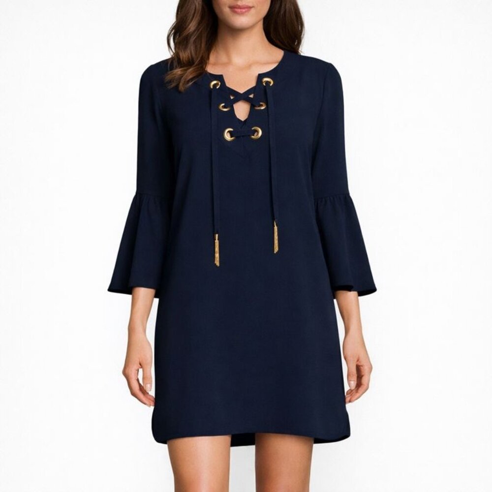 Trina Turk Xandra Navy Bell Sleeve Corset Shift Dress size 2